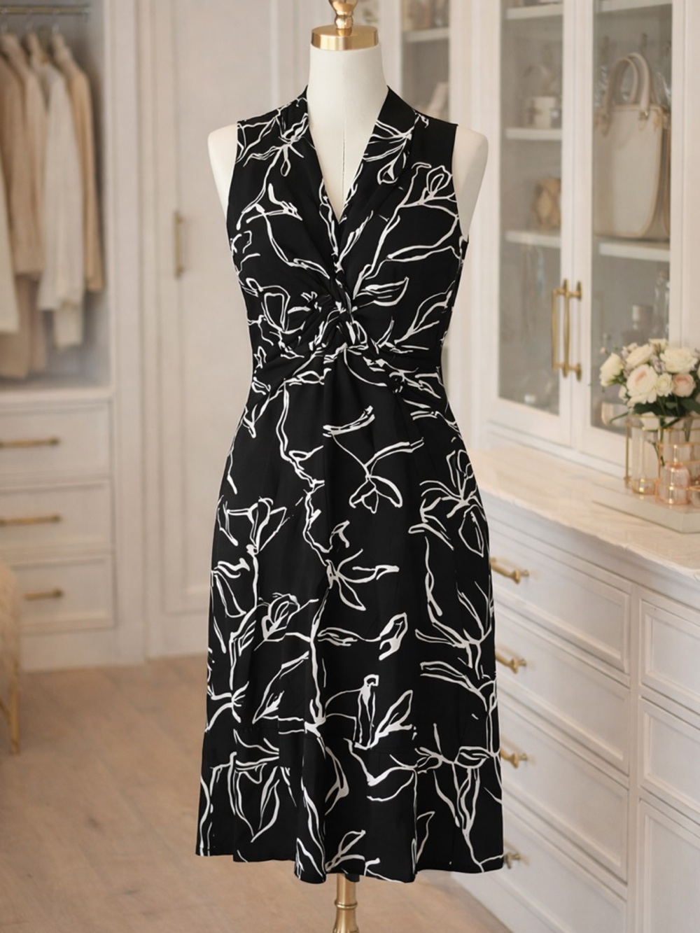 NWT Mimozzas Twist Front Dress S Black White Sleeveless Midi Timeless Classic